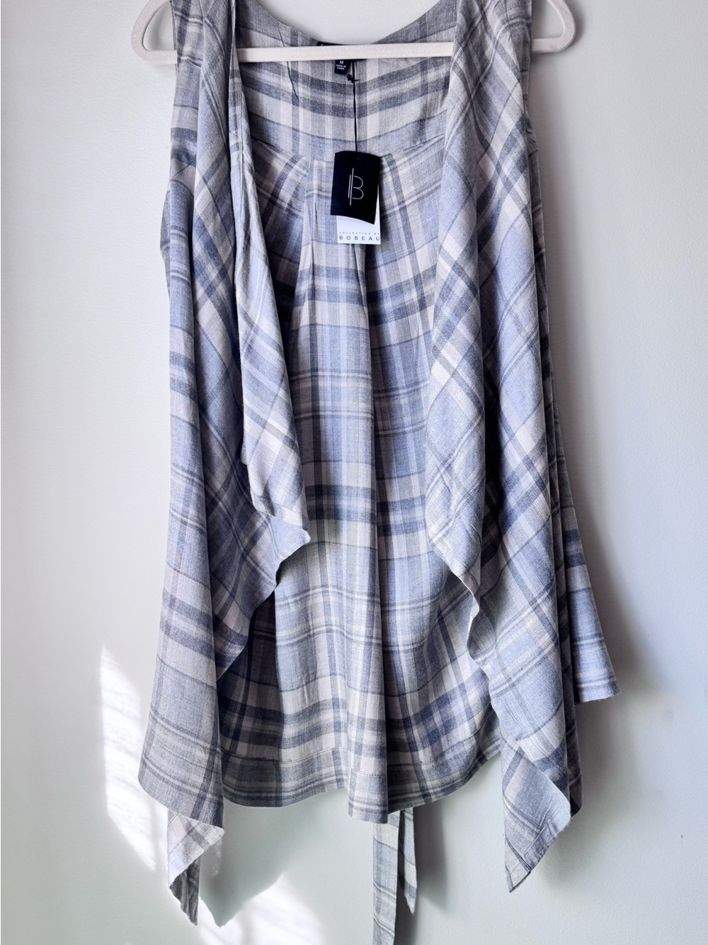 bobeau Gray and Cream Asymmetrical drape Plaid metallic thread layering vest